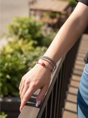 Stacked Silver Bracelet Set with Red Stone Accents